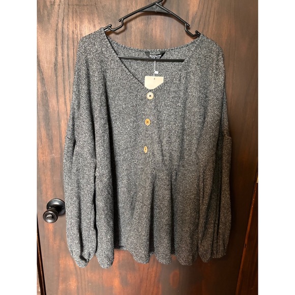 BloomChic Tops - BloomChic Women Charcoal Gray Marl Knit V-Neck Lantern Sleeve Top US 14-16 NWT
